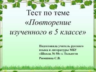 Презентация по русскому языку на тему Тест по теме Повторение изученного в 5 классе (6 класс)