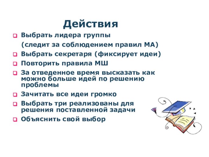 ДействияВыбрать лидера группы  (следит за соблюдением правил МА)Выбрать секретаря (фиксирует идеи)Повторить