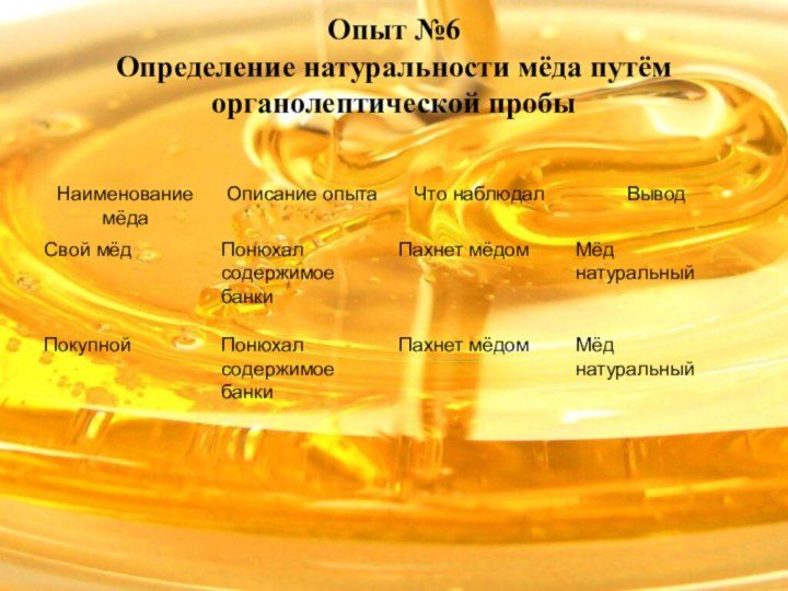 Опыт №6 Определение натуральности мёда путём органолептической пробы