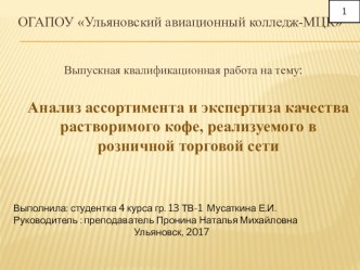 Презентация. Выпускная квалификационная работа на тему: Анализ ассортимента и экспертиза качества растворимого кофе, реализуемого в розничной торговой сети