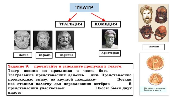 ТЕАТРКОМЕДИЯЗадание 9:  прочитайте и заполните пропуски в тексте.Театр возник из праздника