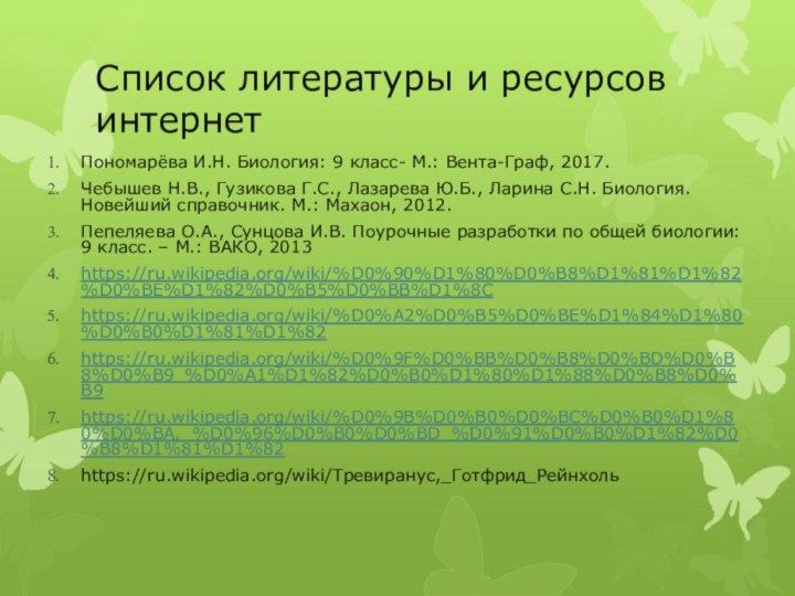 Список литературы и ресурсов интернетПономарёва И.Н. Биология: 9 класс- М.: Вента-Граф, 2017.Чебышев