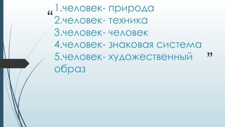 1.человек- природа 2.человек- техника 3.человек- человек 4.человек- знаковая система 5.человек- художественный образ