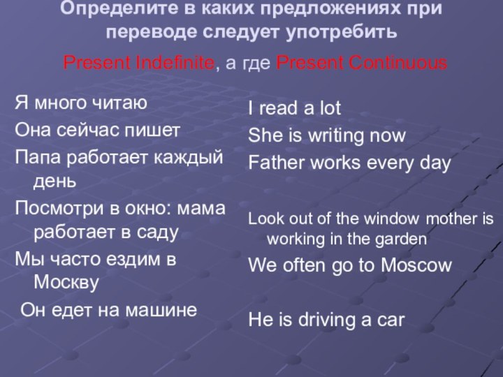 Определите в каких предложениях при переводе следует употребить  Present Indefinite, а