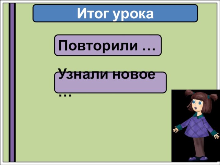 Итог урокаПовторили …Узнали новое …