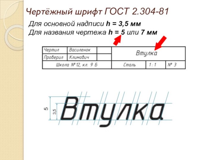 Чертёжный шрифт ГОСТ 2.304-81Для основной надписи h = 3,5 ммДля названия чертежа