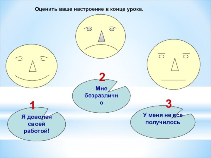 Мне безразличноЯ доволен своей работой!У меня не все получилось123Оценить ваше настроение в конце урока.