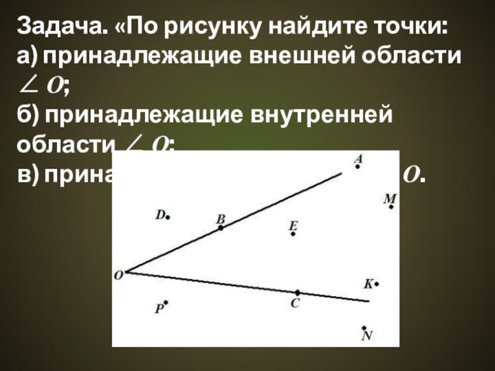 Задача. «По рисунку найдите точки:а) принадлежащие внешней области  О;б) принадлежащие внутренней