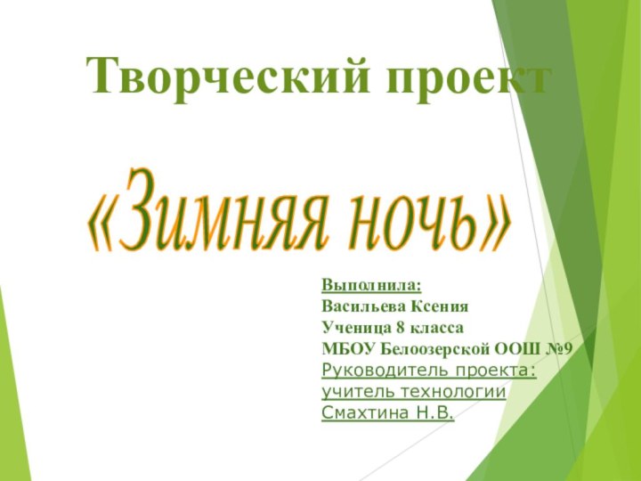 Выполнила:Васильева КсенияУченица 8 классаМБОУ Белоозерской ООШ №9Руководитель проекта: учитель технологии Смахтина Н.В.Творческий проект «Зимняя ночь»