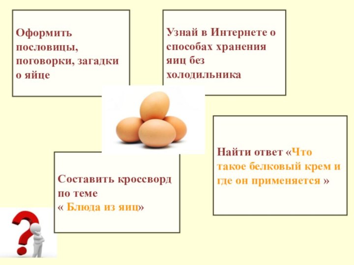 Оформить пословицы, поговорки, загадки о яйцеСоставить кроссворд по теме « Блюда из