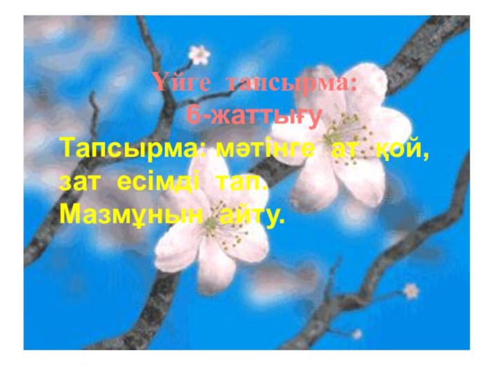 Үйге тапсырма:6-жаттығу Тапсырма: мәтінге ат қой, зат есімді тап.Мазмұнын айту.