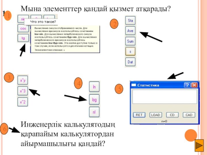 112345Мына элементтер қандай қызмет атқарады?Инженерлік калькулятодың қарапайым калькулятордан айырмашылығы қандай?6