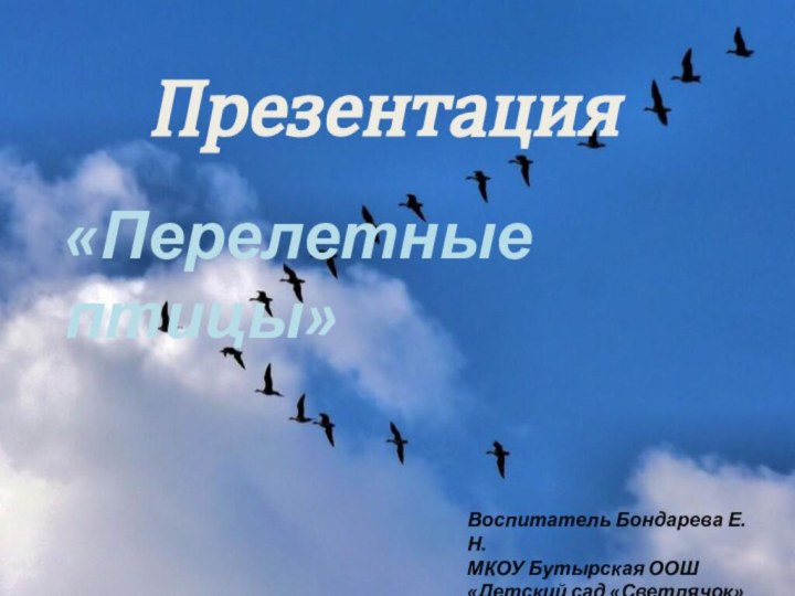 Презентация«Перелетные птицы»Воспитатель Бондарева Е.Н.МКОУ Бутырская ООШ «Детский сад «Светлячок»