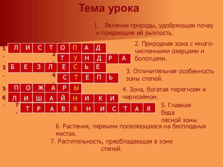 Тема урокаЯвление природы, удобряющее почву и придающее ей рыхлость.2. Природная зона с