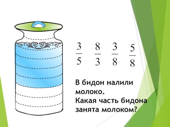 В бидон налили молоко.Какая часть бидона занята молоком?