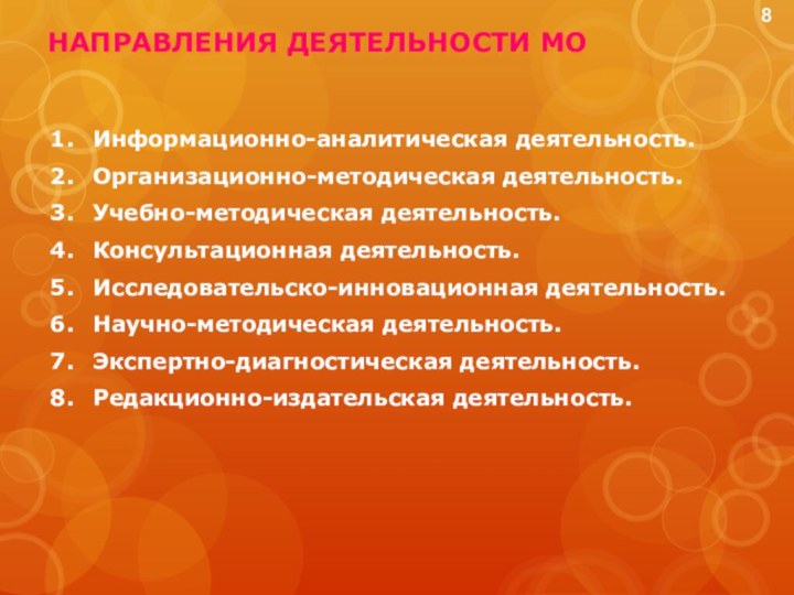 НАПРАВЛЕНИЯ ДЕЯТЕЛЬНОСТИ МОИнформационно-аналитическая деятельность.Организационно-методическая деятельность.Учебно-методическая деятельность.Консультационная деятельность.Исследовательско-инновационная деятельность.Научно-методическая деятельность.Экспертно-диагностическая деятельность.Редакционно-издательская деятельность.8