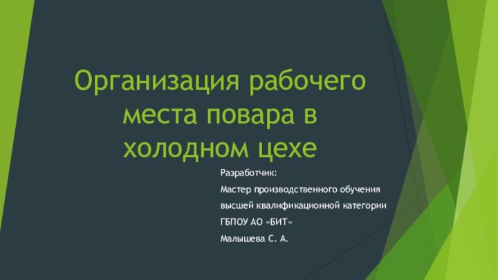 Организация рабочего места повара в холодном цехеРазработчик:Мастер производственного обучениявысшей квалификационной категорииГБПОУ АО «БИТ»Малышева С. А.