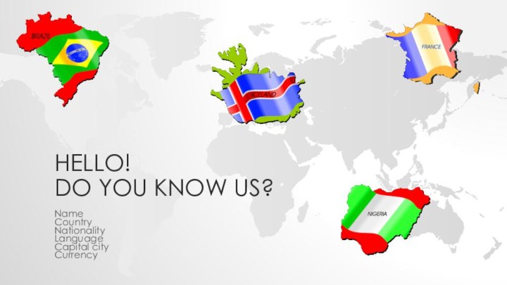 Hello!  Do you know us?NameCountryNationalityLanguageCapital cityCurrency