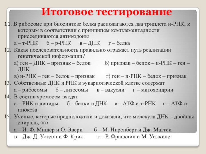 Итоговое тестирование11. В рибосоме при биосинтезе белка располагаются два триплета