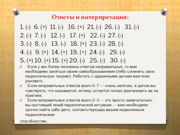 Ответы и интерпретация:1. (-) 6. (+) 11. (-)  16. (+) 21.