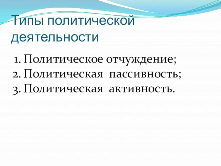 Типы политической деятельностиПолитическое отчуждение;Политическая пассивность;Политическая активность.