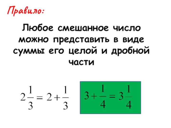 Правило:Любое смешанное число можно представить в виде суммы его целой и дробной части