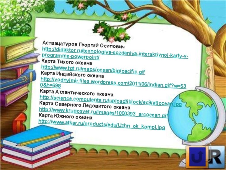 Аствацатуров Георгий Осипович http://didaktor.ru/texnologiya-sozdaniya-interaktivnoj-karty-v-programme-powerpoint/Карта Тихого океана http://www.tgt.ru/maps/ocean/big/pacific.gifКарта Индийского океана http://vodnyjmir.files.wordpress.com/2011/06/indian.gif?w=530&h=698Карта Атлантического океана