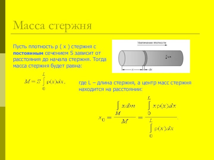 Масса стержняПусть плотность ρ ( x ) стержня с постоянным сечением S зависит