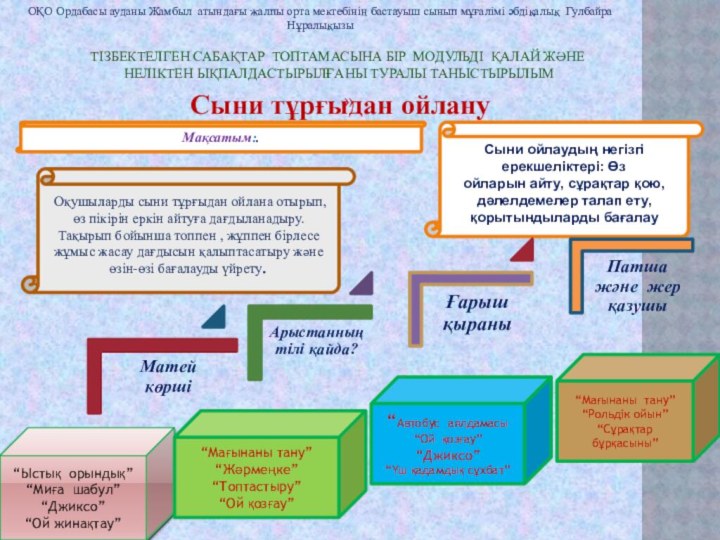 Мақсатым:.Сыни ойлаудың негізгі ерекшеліктері: Өзойларын айту, сұрақтар қою,дәлелдемелер талап ету,қорытындыларды бағалау“Ыстық орындық”“Миға