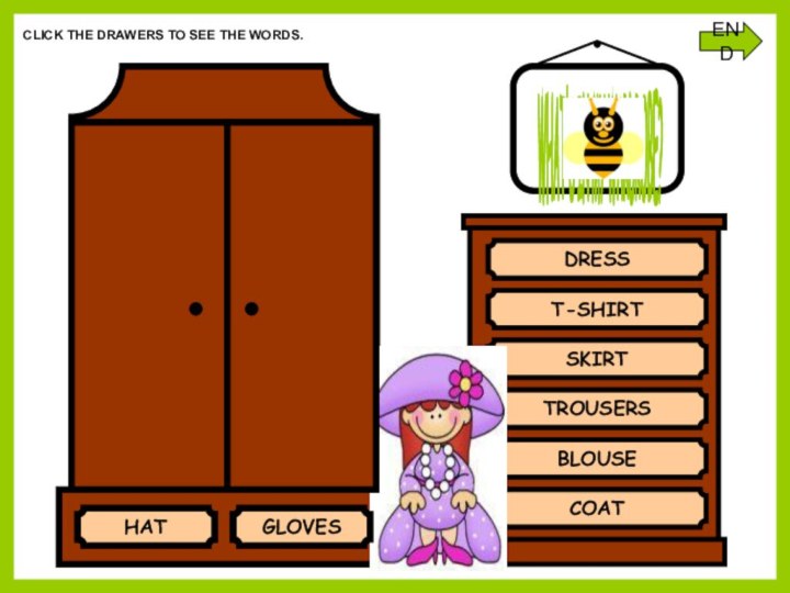 WHAT'S IN MY WARDROBE?DRESST-SHIRTSKIRTTROUSERSBLOUSECOATYES!!!THEY ARE GLOVES!SORRY…TRY AGAIN!CLICK THE DRAWERS TO SEE THE WORDS.ENDHATGLOVES