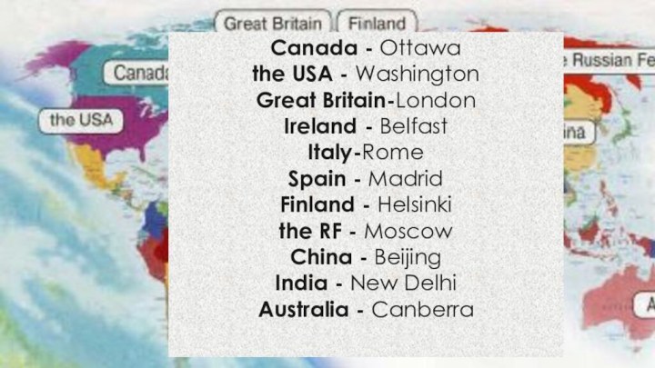 Canada - Ottawa the USA - Washington Great Britain-London Ireland - Belfast