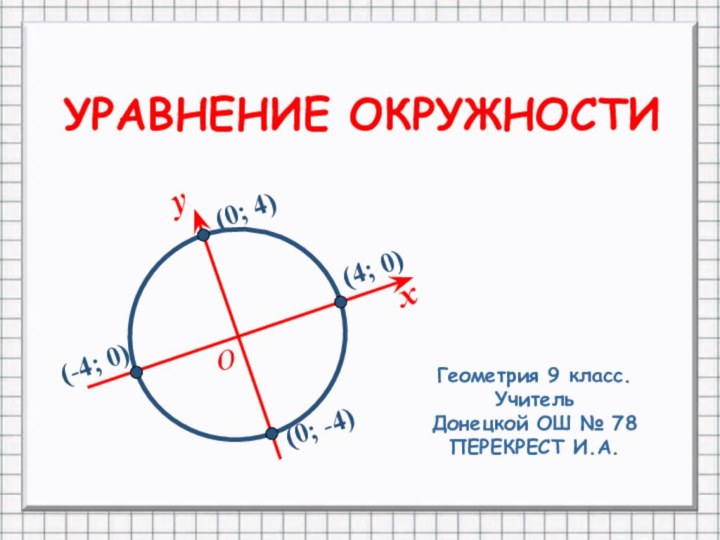 УРАВНЕНИЕ ОКРУЖНОСТИ      Геометрия 9 класс.УчительДонецкой ОШ № 78ПЕРЕКРЕСТ И.А.