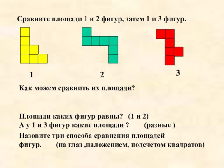 Сравните площади 1 и 2 фигур, затем 1 и 3 фигур.123Как можем