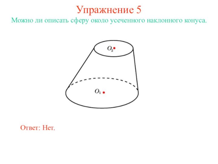 Упражнение 5Можно ли описать сферу около усеченного наклонного конуса.Ответ: Нет.