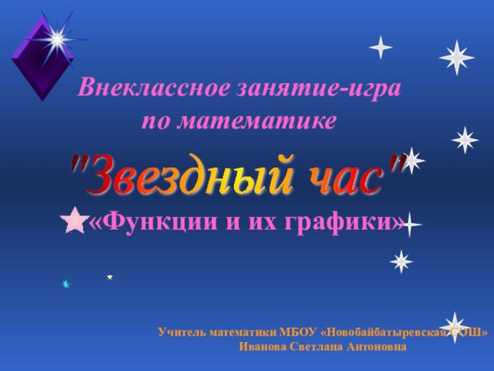 Внеклассное занятие-игра по математике «Функции и их графики»Учитель математики МБОУ «Новобайбатыревская СОШ»Иванова Светлана Антоновна