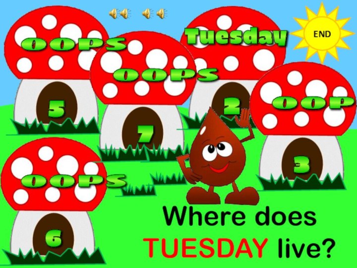 Where does TUESDAY live?END2 7 5 6 3 oops oops oops oops Tuesday