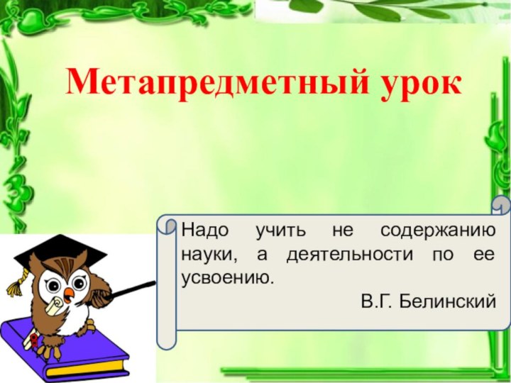 Метапредметный урок Надо учить не содержанию науки, а деятельности по ее усвоению.В.Г. Белинский