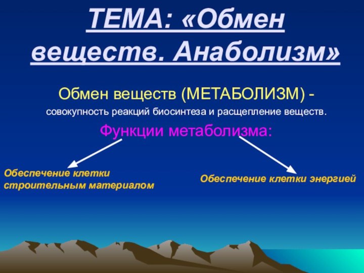 ТЕМА: «Обмен веществ. Анаболизм»Обмен веществ (МЕТАБОЛИЗМ) -совокупность реакций биосинтеза и расщепление веществ.Функции