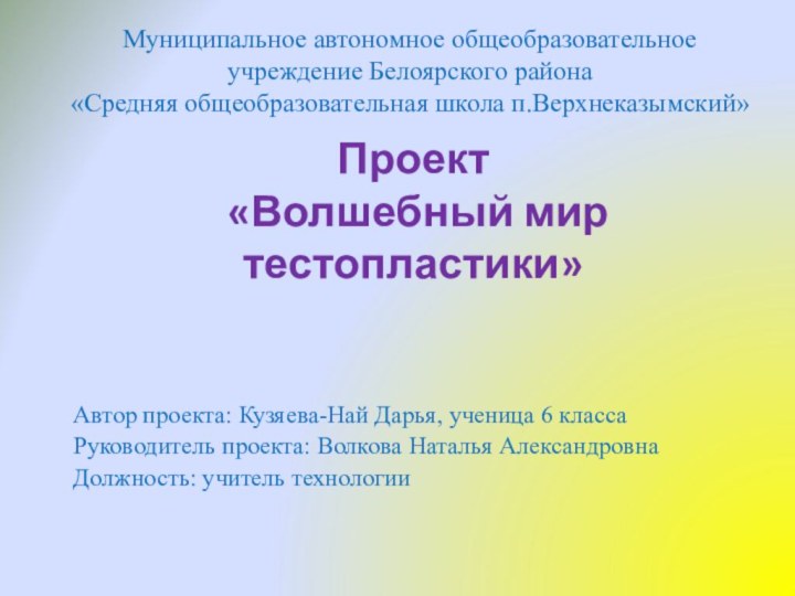 Проект  «Волшебный мир тестопластики»  Автор проекта: Кузяева-Най Дарья,