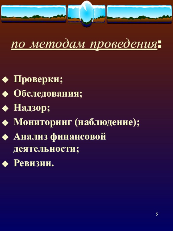 по методам проведения: Проверки;Обследования;Надзор;Мониторинг (наблюдение);Анализ финансовой деятельности;Ревизии.