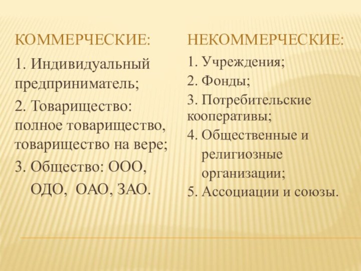 Коммерческие:Некоммерческие:1. Индивидуальный предприниматель;2. Товарищество: полное товарищество, товарищество на вере;3. Общество: ООО,