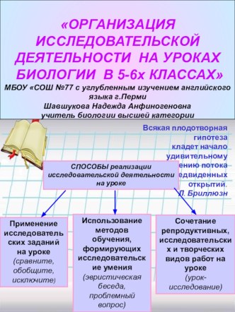 Стендовый доклад Организация исследовательской деятельности на уроках биологии в 5-6 х классах МБОУ СОШ №77 с углубленным изучением английского языка г. Перми Шавшукова Надежда Анфиногеновна