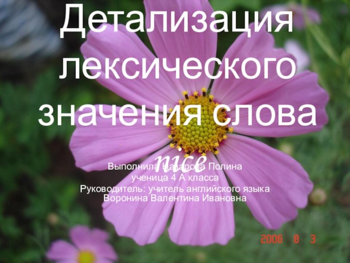 Детализация лексического значения слова nice Выполнила Назарова Полинаученица 4 А классаРуководитель: учитель