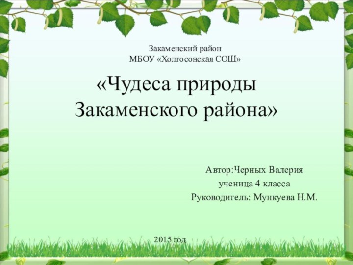 «Чудеса природы  Закаменского района»Автор:Черных Валерияученица 4 классаРуководитель: Мункуева Н.М.Закаменский районМБОУ «Холтосонская СОШ»2015 год