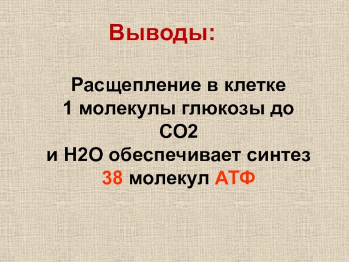 Выводы:Расщепление в клетке 1 молекулы глюкозы до СО2 и Н2О обеспечивает синтез 38 молекул АТФ