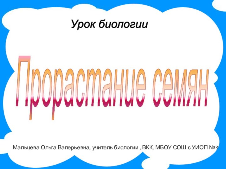 Урок биологии Прорастание семян Мальцева Ольга Валерьевна, учитель биологии , ВКК, МБОУ СОШ с УИОП №38