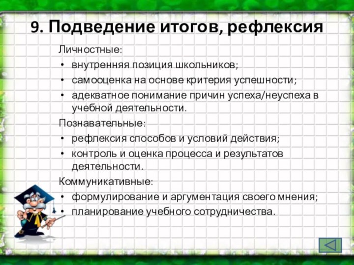 9. Подведение итогов, рефлексияЛичностные:внутренняя позиция школьников;самооценка на основе критерия успешности;адекватное понимание причин