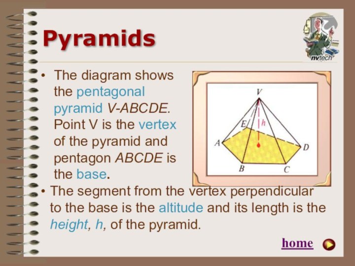 PyramidsThe diagram shows the pentagonal pyramid V-ABCDE. Point V is the vertex