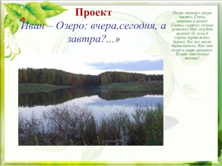 Проект Иван – Озеро: вчера,сегодня, а завтра?...»Озеро светлое, озеро чистое, Гладь, тишина