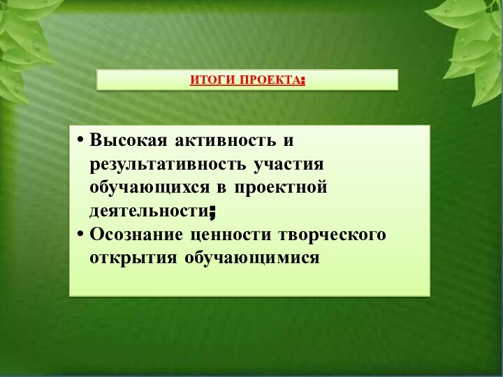 ИТОГИ ПРОЕКТА:Высокая активность и результативность участия обучающихся в проектной деятельности;Осознание ценности творческого открытия обучающимися